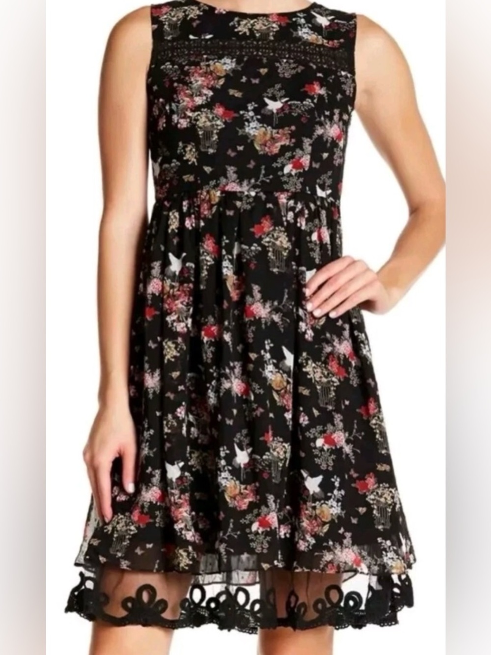 Everleigh Floral Printed Dress in black Lace Hem Sheer Lined Party Boho
